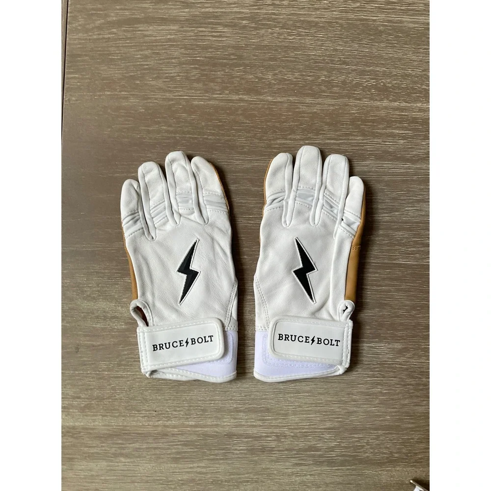 Bruce Bolt Batting Gloves Premium Pro Short Cuff White/Tan Youth Medium New WTag